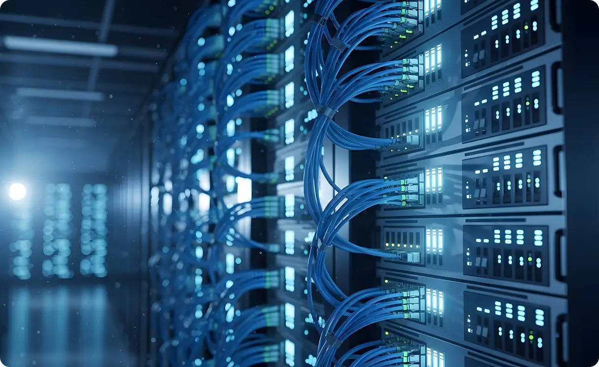 Close-up of server power and data cables in data center rack.