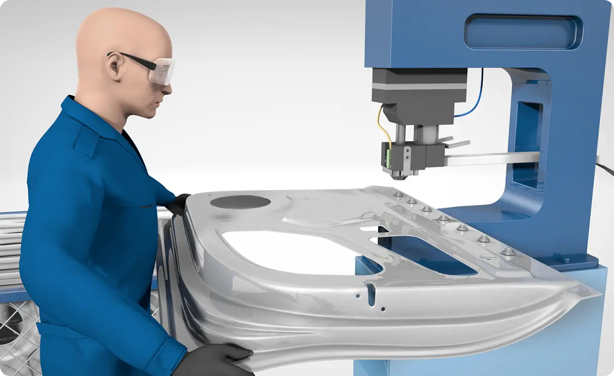 Operator manually installing fasteners using press machine.